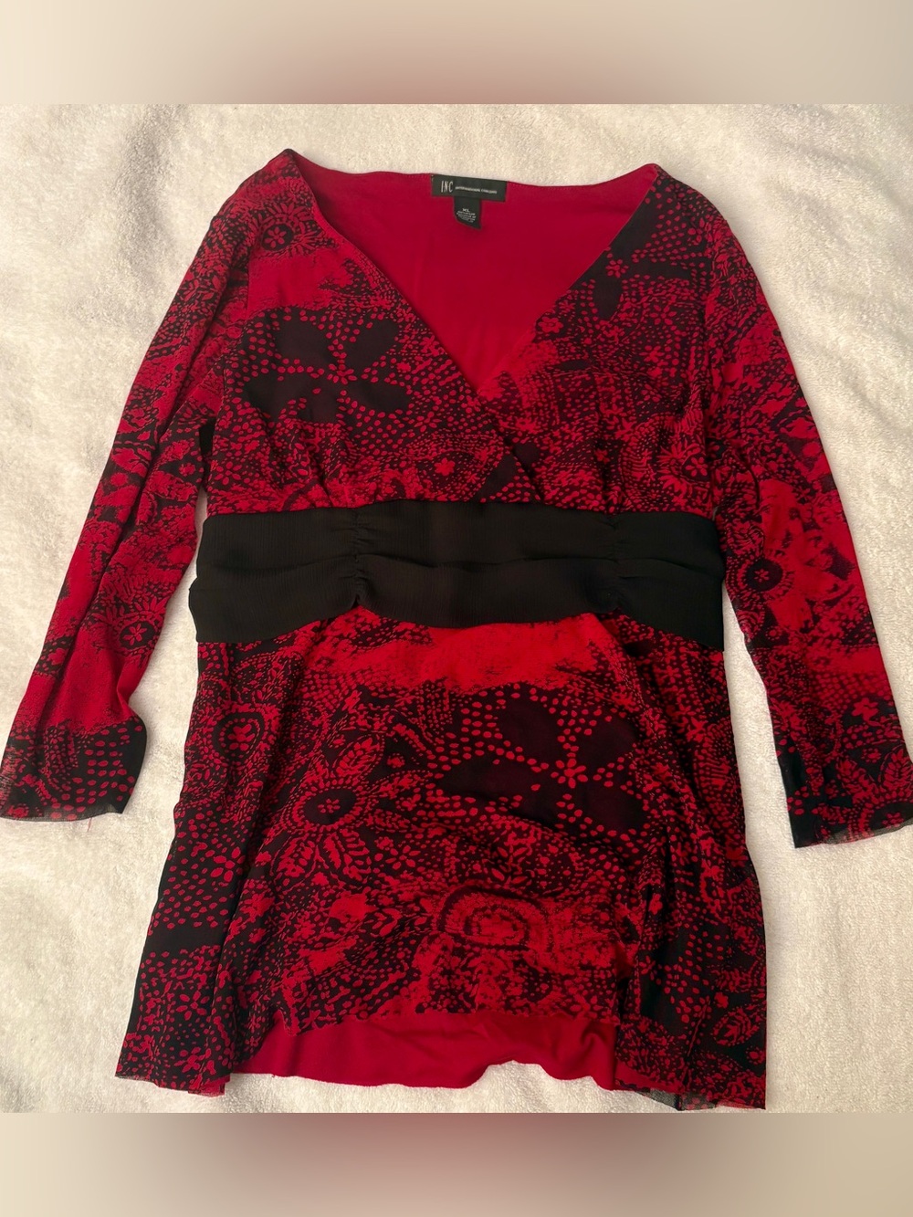 INC International Concepts Red & Black Printed Wrap-Style Top — Size XL